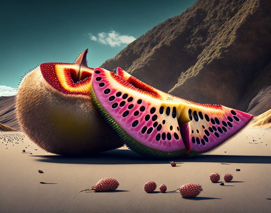 Sliced Fruit Composition with Kiwi, Watermelon, and Strawberry Seeds in Desert Setting