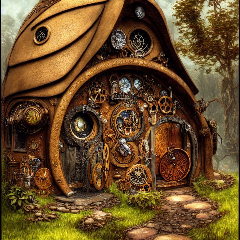 Fantasy House with Rounded Door and Mechanical Gears in Forest