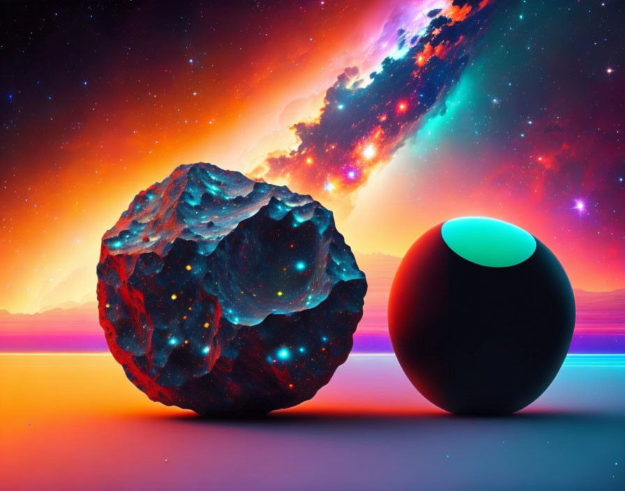 Colorful cosmic scene with textured asteroid and glossy sphere against nebula backdrop