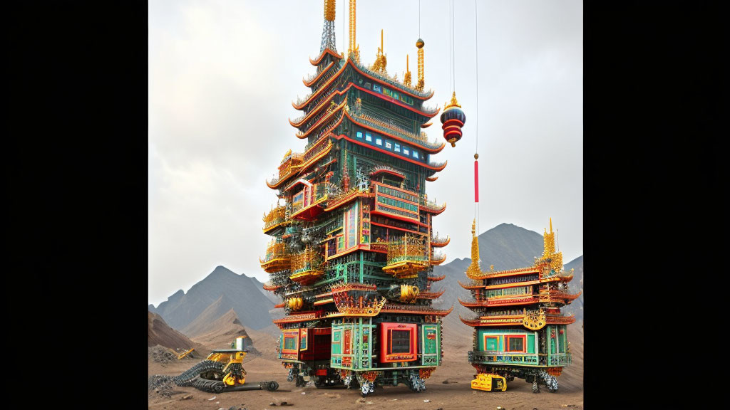 Traditional Chinese multi-tiered pagoda against mountain backdrop.