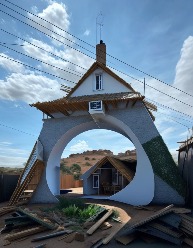 Surreal upside-down roof house over smaller house against blue sky