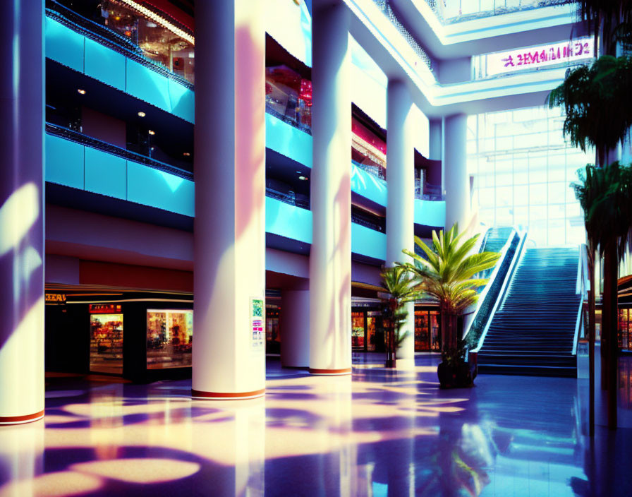 Multi-level shopping mall with glossy floors and indoor plants under purple shadows