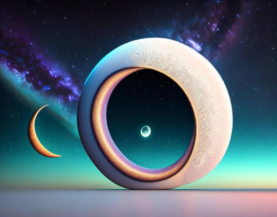 Surreal digital art: glowing ring, crescent moon, small sphere, starry space backdrop