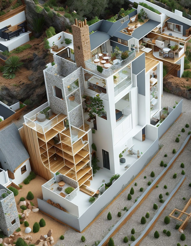 Modern multi-level architectural model with intricate details and lush greenery in aerial view