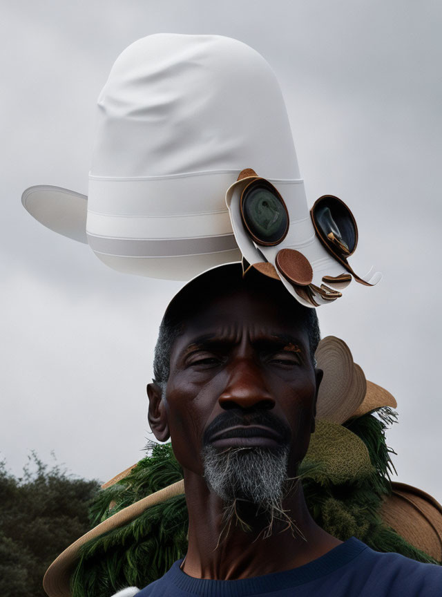 Man with multiple hats and goggles under cloudy sky