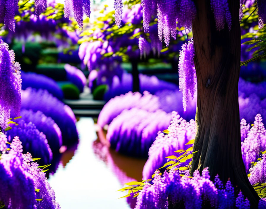 Purple Wisteria Flowers on Trellises by Calm Pond