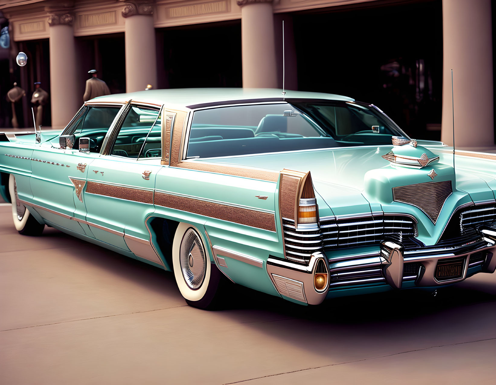 Vintage Turquoise and White Cadillac with Chrome Details and Whitewall Tires Parked in Front of