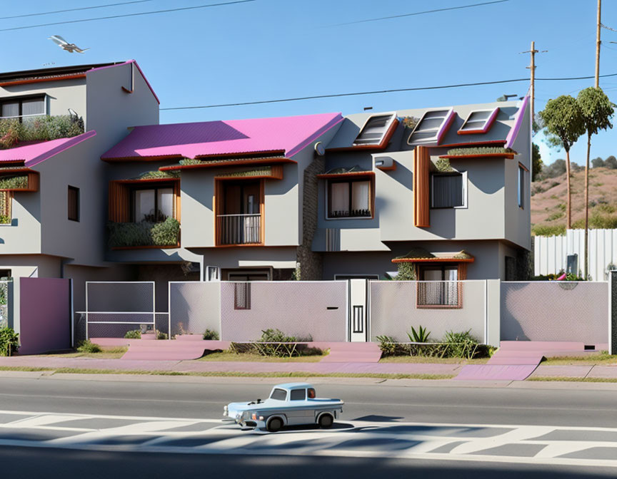 Two-story residential building with purple roof and balconies next to vintage car on street