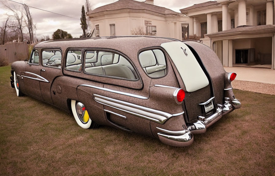 Vintage car with unique brown paint job, multiple doors, parked in front of large house on lawn under