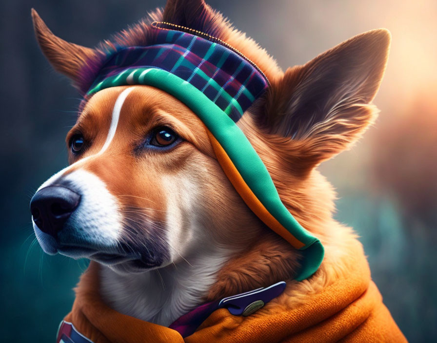 Colorful Headband and Orange Jacket Corgi Dog with Attentive Expression