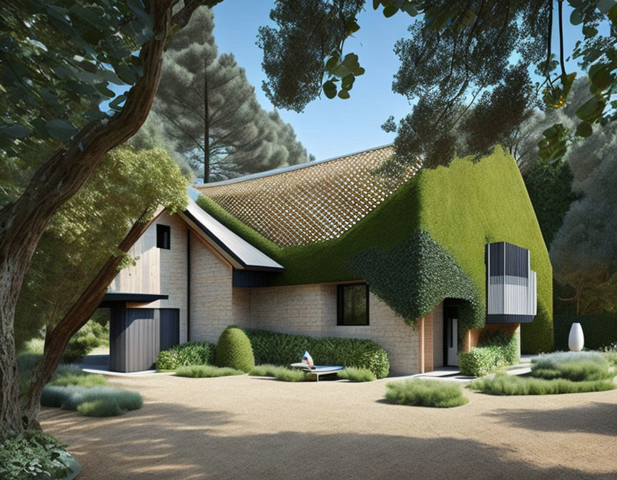 Modern House with Green Plant-Covered Roof in Serene Forest Setting