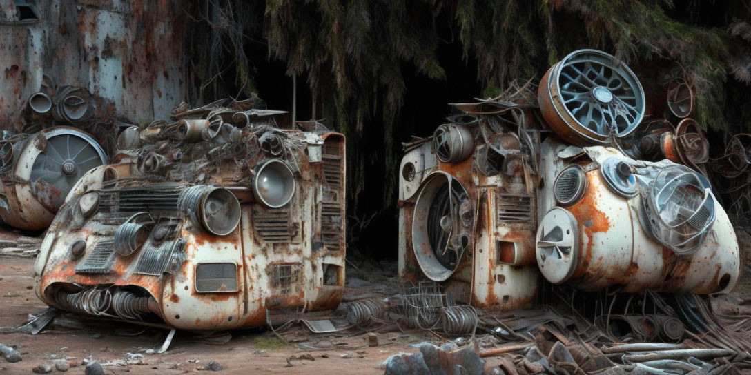 Rusted starship engines in debris and moss.