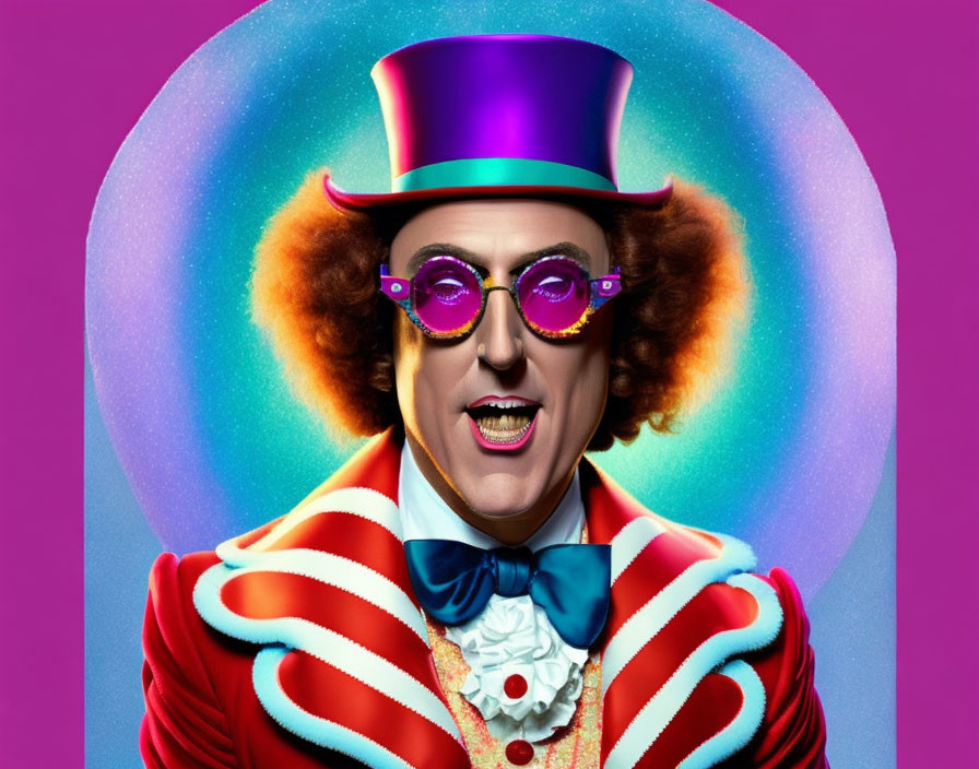 Vibrant character in purple top hat and pink glasses on pink backdrop