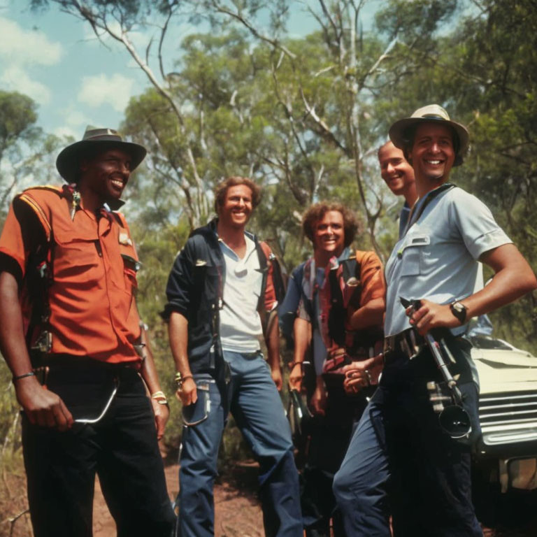 Five Men Outdoors Smiling with Binoculars & Greenery