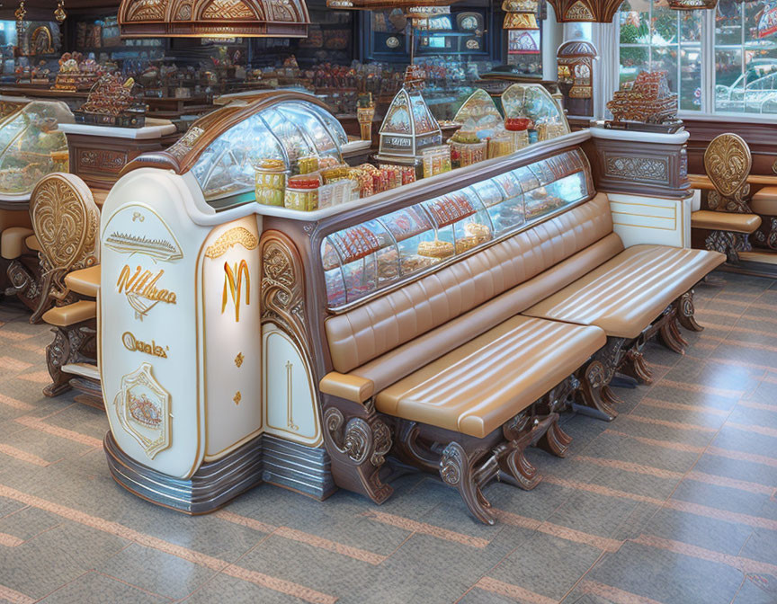 Vintage Pastry Shop Interior with Ornate Display Cases and Luxurious Seating