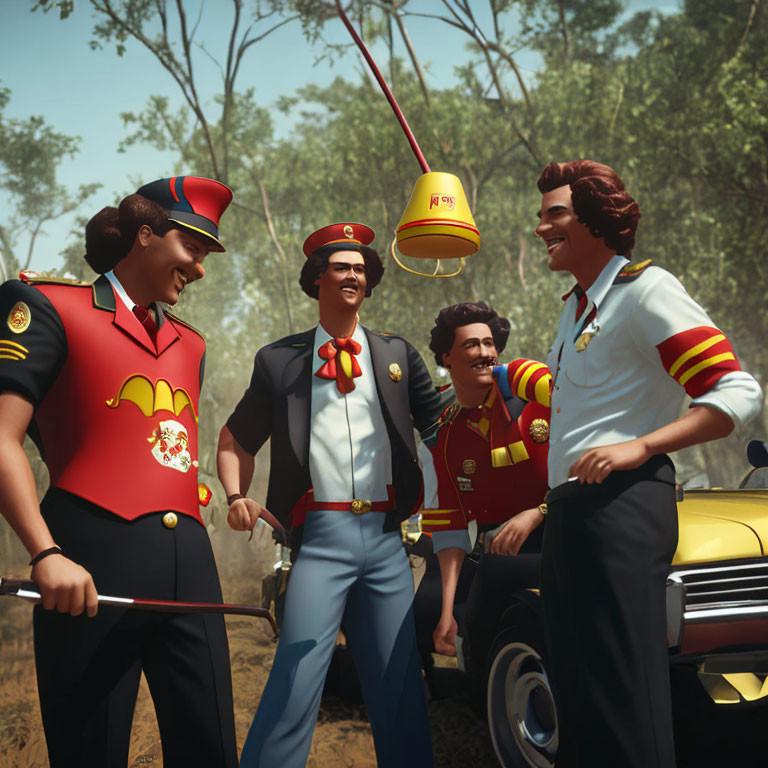 Animated firefighters in traditional uniforms laughing together with a yellow fire helmet hanging from a tree branch