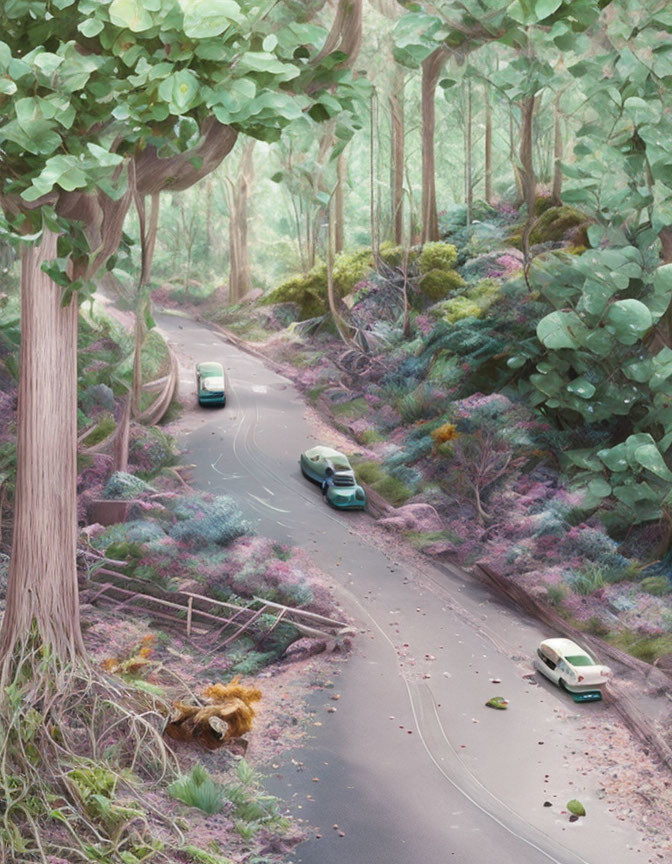 Tranquil forest road with blossoms and vehicles amidst lush greenery