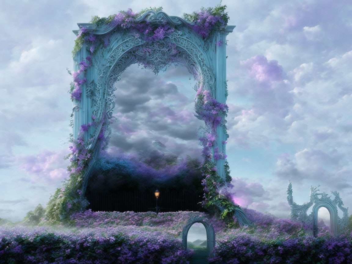 Purple Flower Adorned Arch Gateway in Mystical Setting