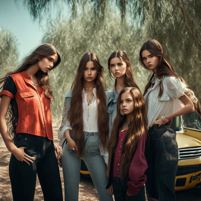 Five young women in stylish attire posing with vintage car and trees