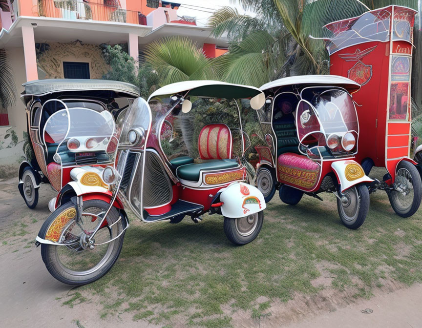 Colorful auto rickshaws parked on residential street with greenery backdrop