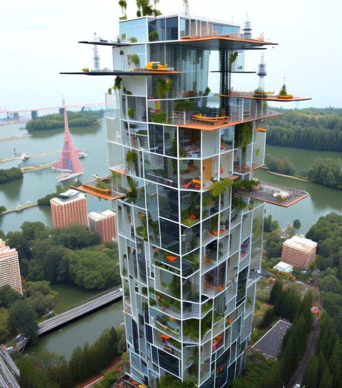 Glass facade high-rise with green terraces overlooking cityscape.