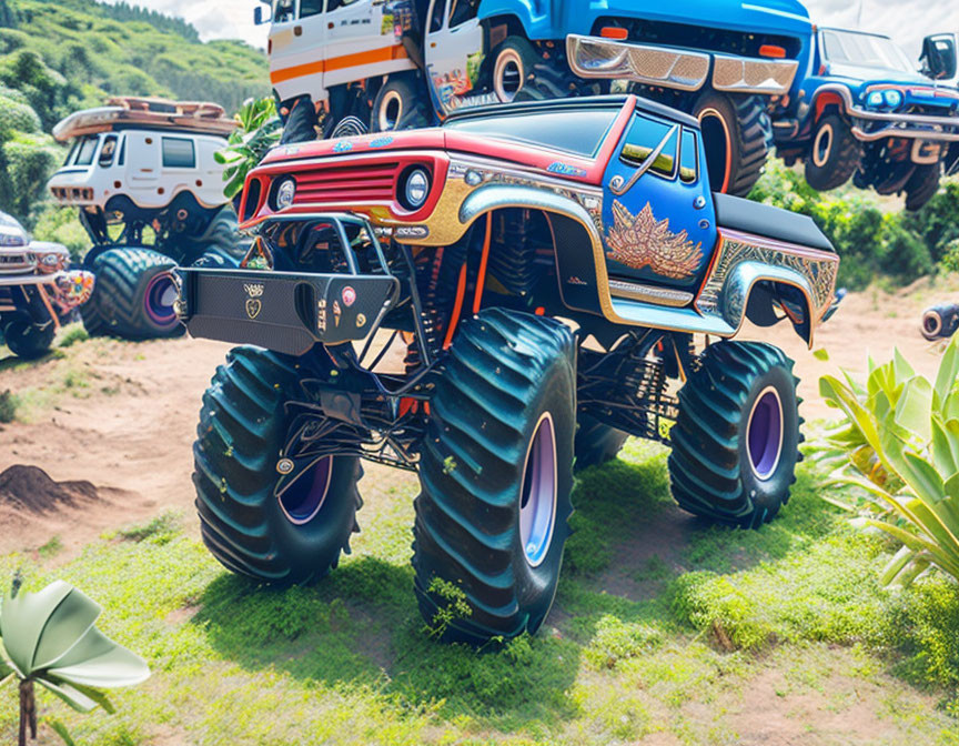 Colorful Monster Truck with Large Tires and Detailed Designs Parked on Grass on Sunny Day