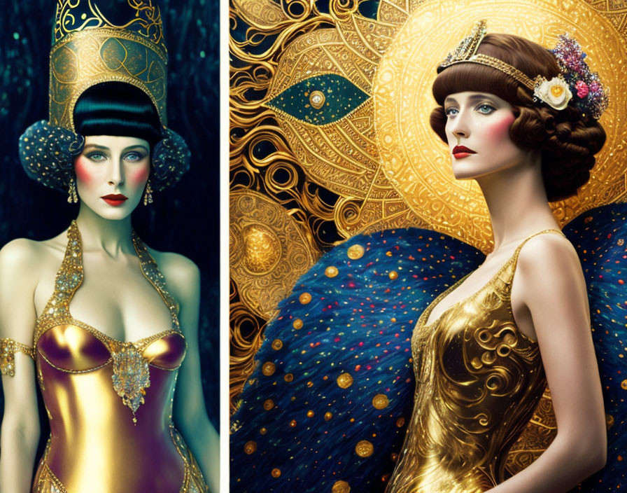 Stylized portraits of women with ornate headdresses and backgrounds in blue and golden tones