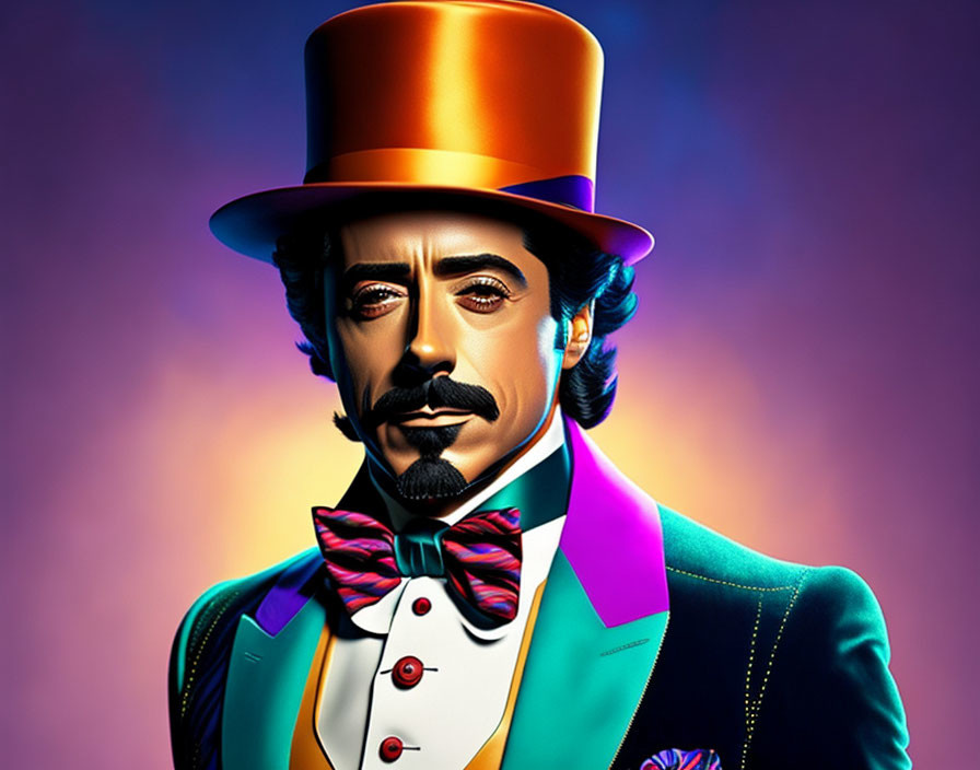 Colorful digital artwork: man with mustache in vibrant suit, top hat, bow tie on purple