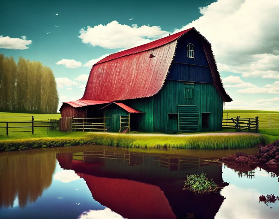 Colorful barn with red roof and green walls reflected in tranquil pond in pastoral landscape.