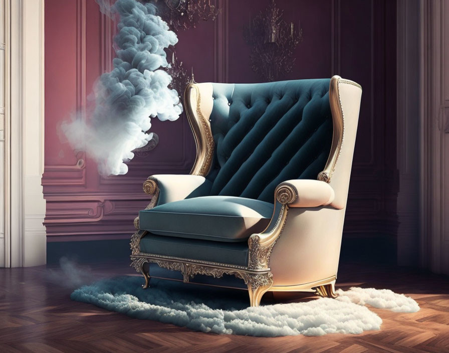 Vintage Armchair with Tufted Blue Upholstery and Ornate Wooden Frame in Smoke Cloud Setting