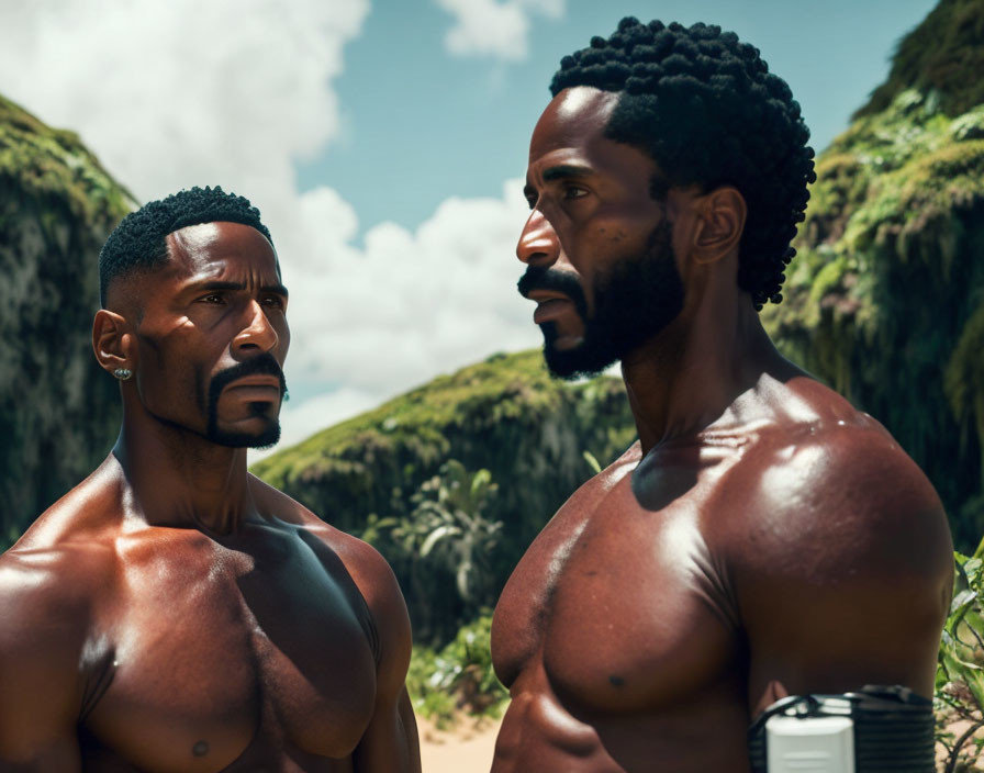 Two serious muscular men outdoors with tropical foliage in the background