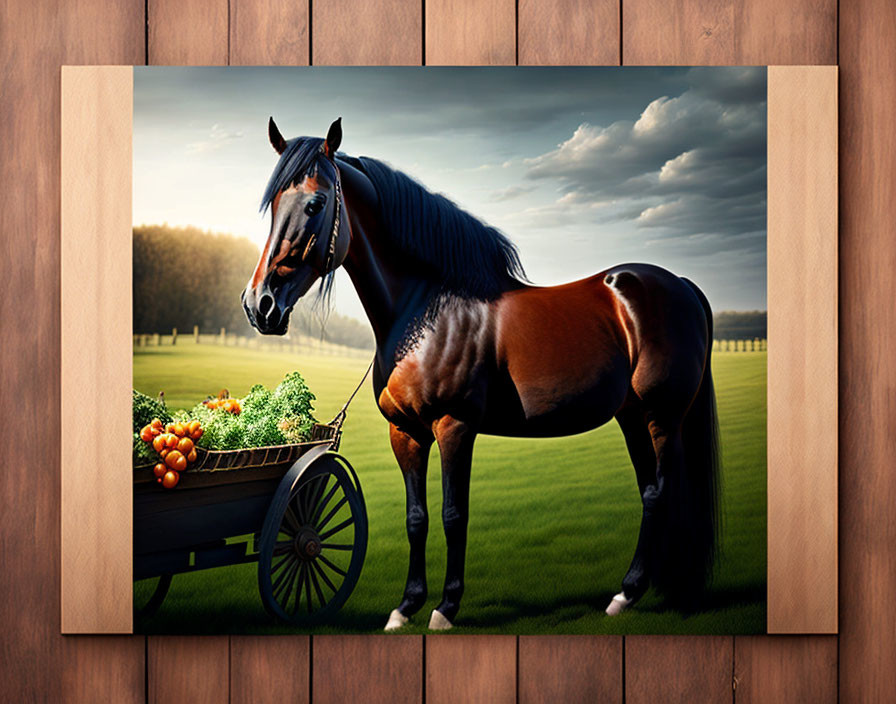 Brown horse with black mane by wooden cart in serene setting