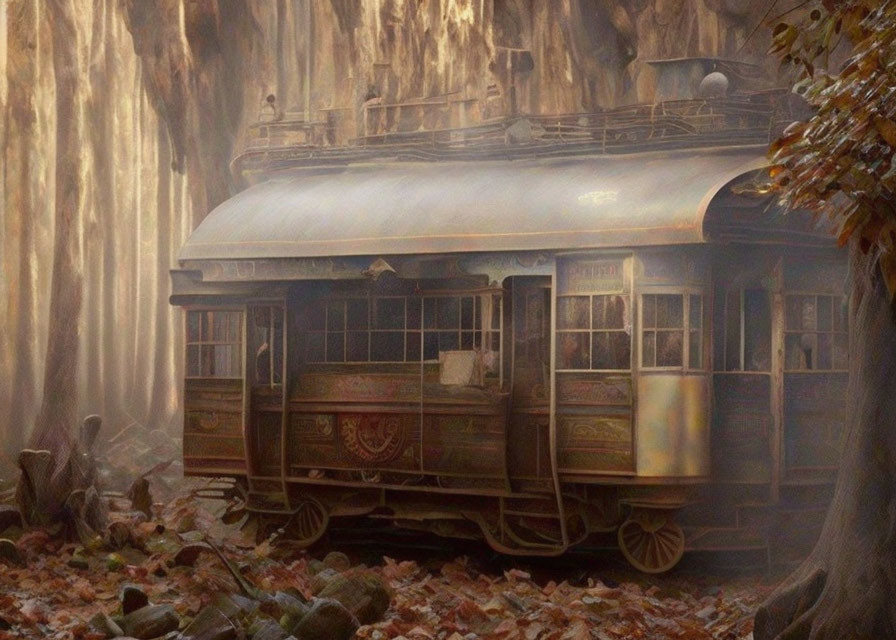 Vintage tram in misty autumn forest with fallen leaves.