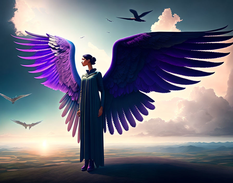 Stylized illustration of person with majestic purple wings in scenic landscape