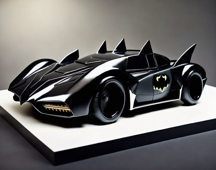 Black Batmobile Model with Fins and Batman Emblem on Display