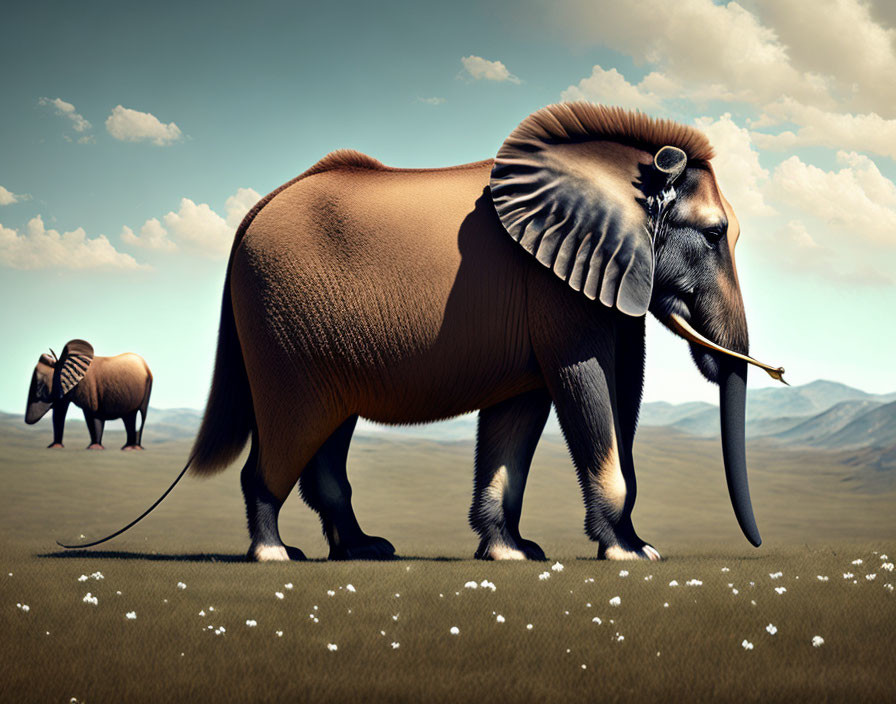 Digital artwork: Two mammoths with tusks in grassy landscape