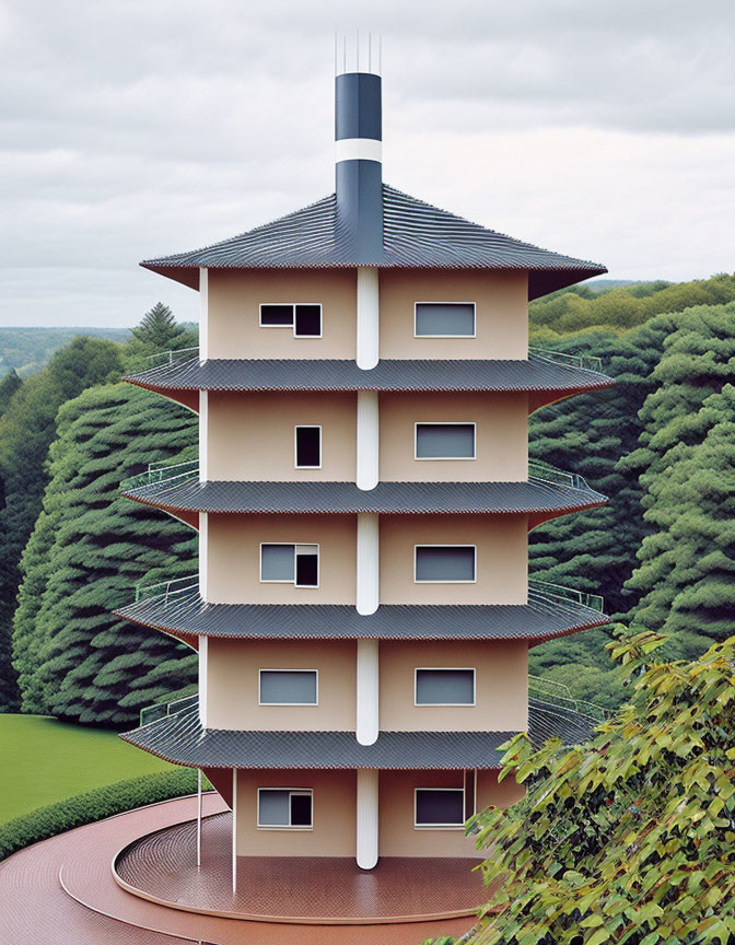 Beige multi-story building with cylindrical chimney and circular driveway