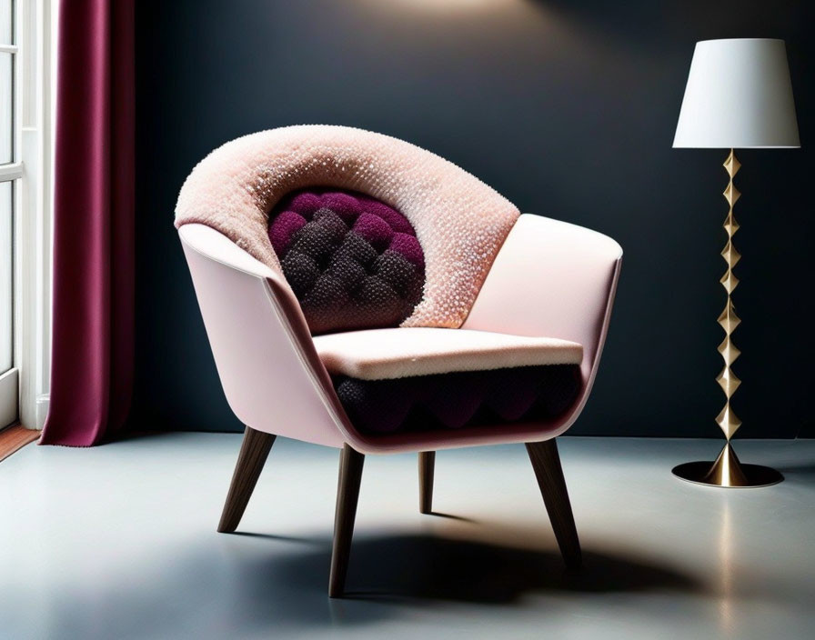 Modern Pink Upholstered Chair with Circular Patterned Cushion