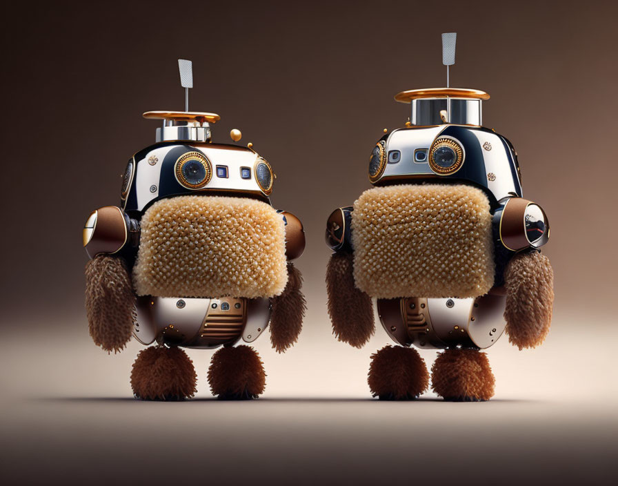 Cartoonish robots with furry and metallic bodies, antennas, and buttons.