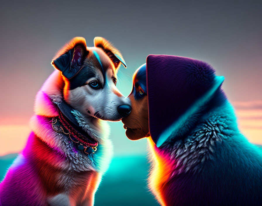 Vibrant neon-lit dogs in dusk sky portrait