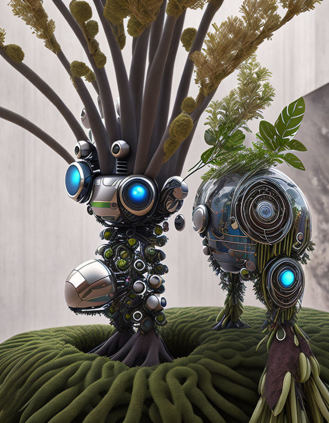 Whimsical robot figures with plant features on green textured surface