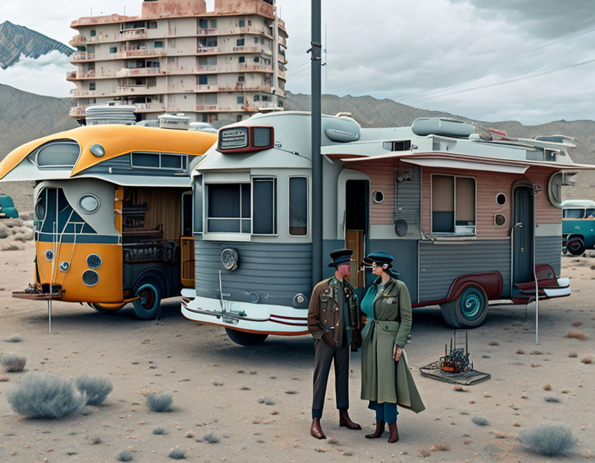 Uniformed individuals amidst whimsical snail shell trailers in desolate landscape.