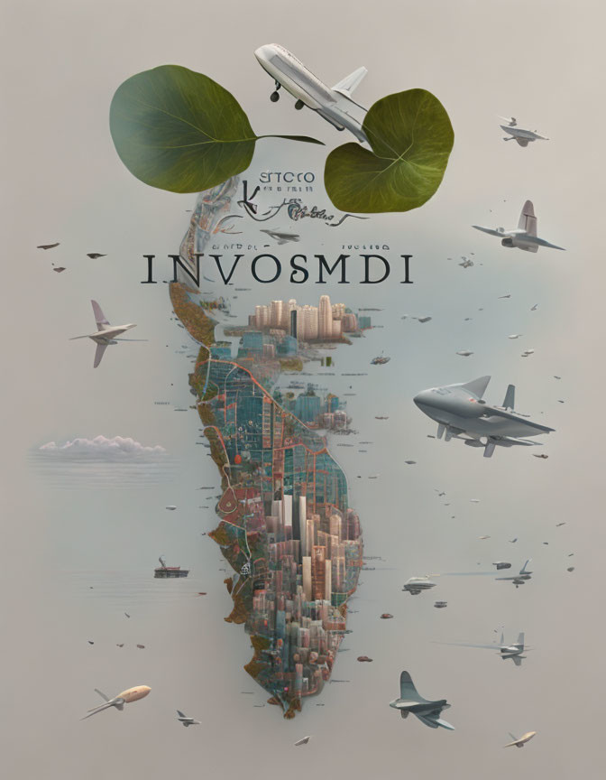 City island collage with airplanes, green leaves, and overlaid text "INVOSMDI