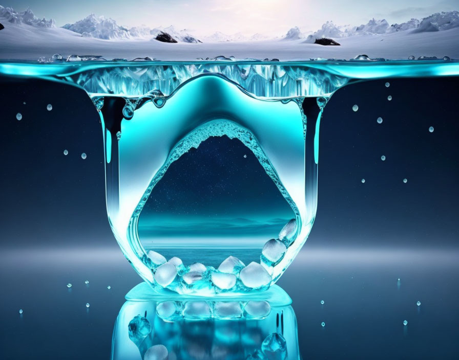 Tranquil underwater scene with floating ice cubes and distant icebergs