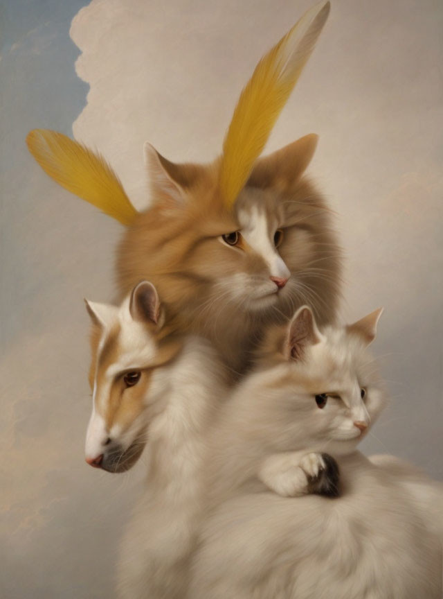 Surreal painting featuring three cats with bird elements