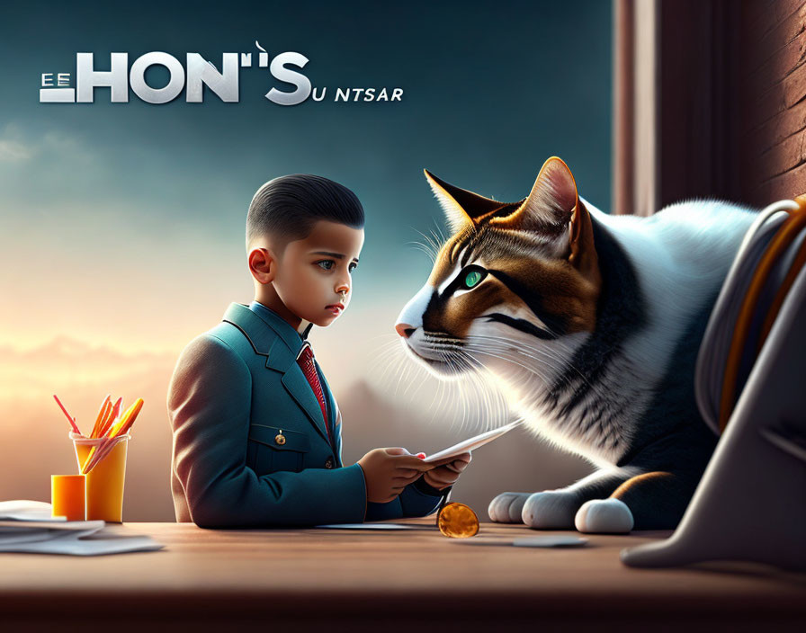 Whimsical boy in suit with large cat at desk