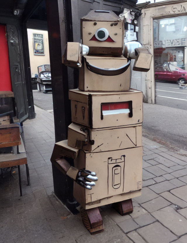 Life-sized cardboard robot sculpture on sidewalk with chairs