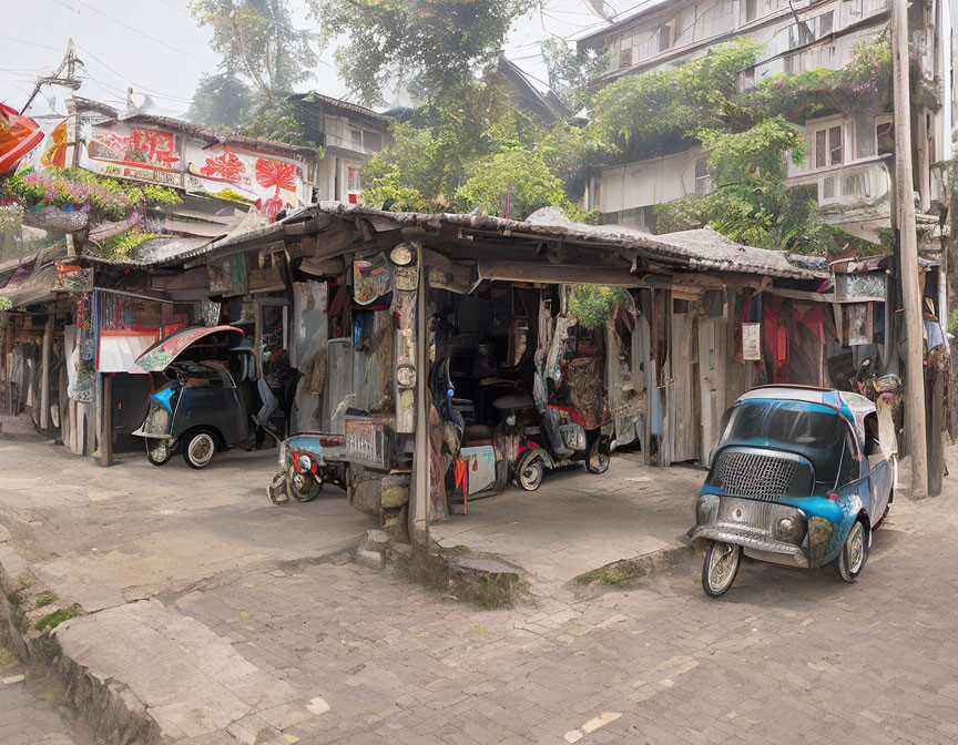 Weathered wooden shacks and Chinese signage in rustic street scene