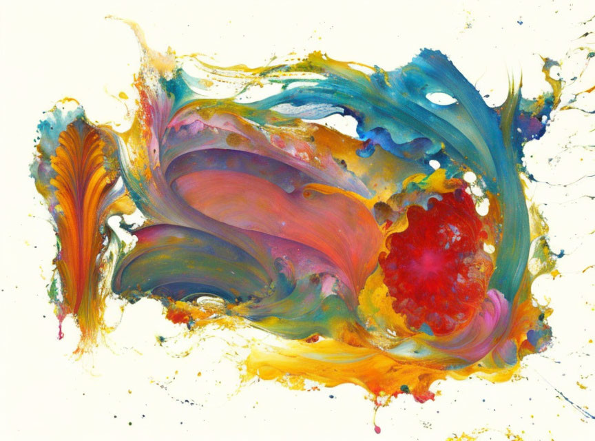 Vibrant blues, oranges, and pinks swirl on white background