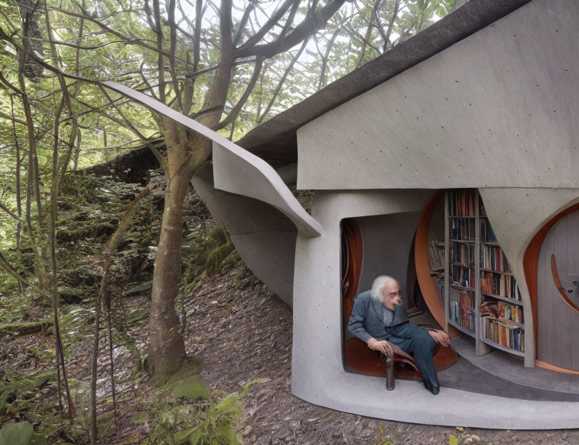 Elderly man sitting in modern concrete alcove with bookshelves amidst forest